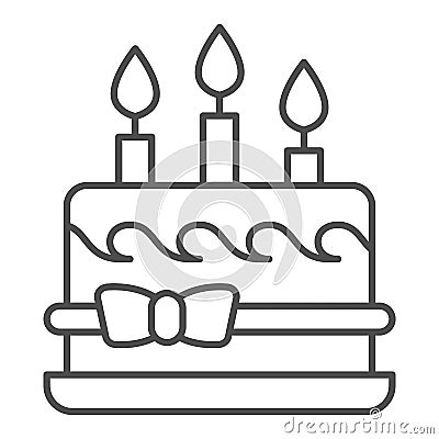 Birthday cake with bow and candles thin line icon, Birthday cupcake concept, dessert with three candles and bow sign on Vector Illustration