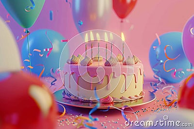 Birthday Cake With Lit Candles Surrounded by Balloons and Streamers. Generative AI Stock Photo