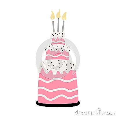 Birthday cake with burning candles isolated on white background. Vector Illustration