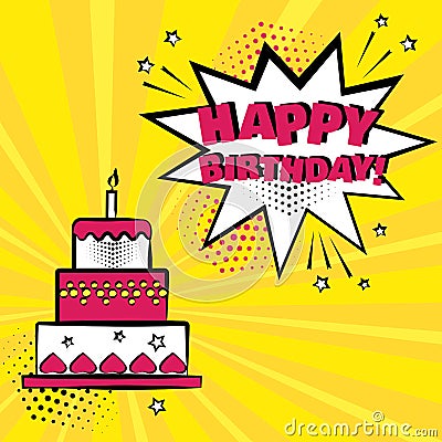 Birthday cake with candle and white speech bubble with HAPPY BIRTHDAY word on orange background. Vector illustration Cartoon Illustration