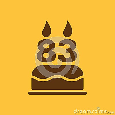 The birthday cake with candles in the form of number 83 icon. Birthday symbol. Flat Cartoon Illustration