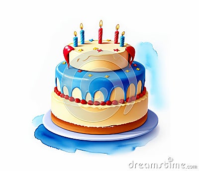 Birthday cake with candles realistic illustration on isolated white background Cartoon Illustration