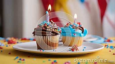 birthday cake with candles A realistic scene of a birthday cupcake with a candle on a white plate. The cupcake is blue Stock Photo