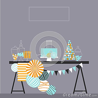 Birthday cake with candles. Sweet buffet with paper Pom Poms and Vector Illustration