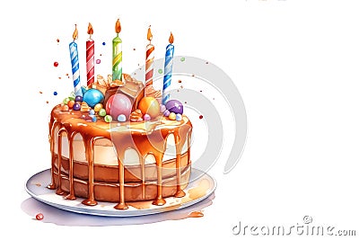 Birthday cake for a child. Five candles on a cupcake. Watercolor illustration with place for text for design of cards Cartoon Illustration