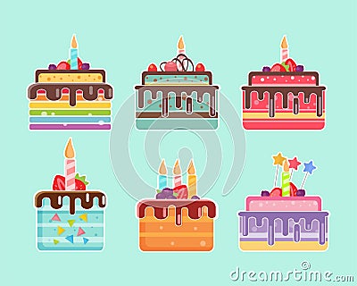 Birthday Cake collection, Delicious Cakes set, vector icon Stock Photo