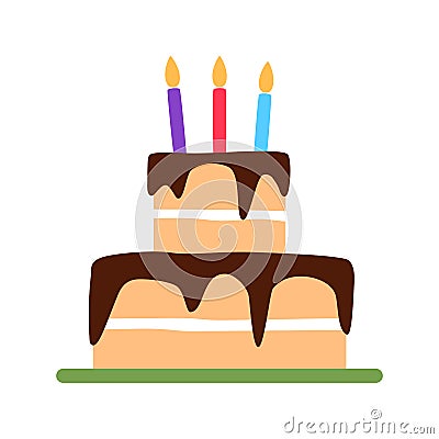 Birthday cake with color candles Festive flat icon Vector Illustration