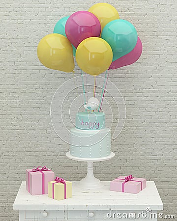 Birthday cake, colorful balloons and presents 3d Stock Photo