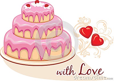 Birthday cake covered with pink fondant icing Vector Illustration