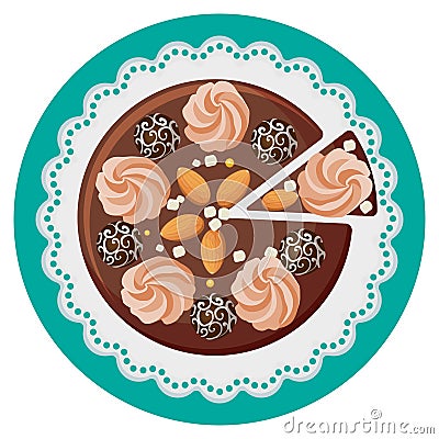Birthday cake with cream flowers, chocolate balls, nuts, top view Vector Illustration