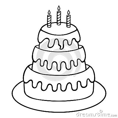 Birthday cake decorated with candles. Sketch. Three tiered dessert on a platter. Doodle style Vector Illustration