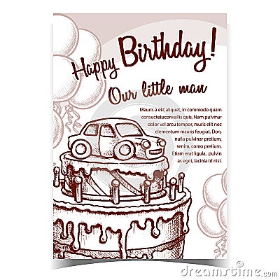 Birthday Cake Decorated With Car Banner Vector Vector Illustration