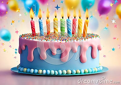 Colorful decorated birthday cake with lit colored candles. Stock Photo