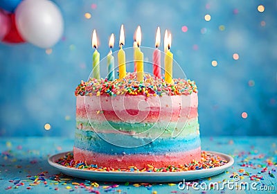 Colorful birthday cake with lit colored candles. Stock Photo