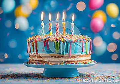 Colorful birthday cake with lit colored candles. Stock Photo