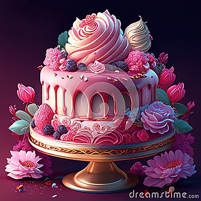 Birthday cake with flowers. 3d rendering, 3d illustration. Generative AI dessert ai Cartoon Illustration