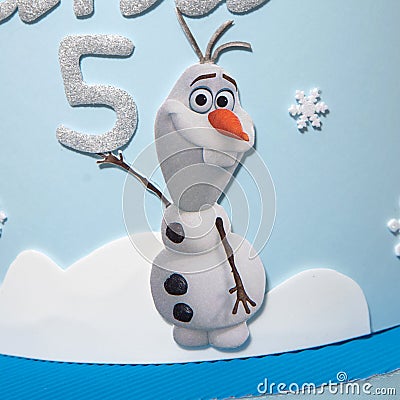 Birthday cake Frozen party with Elsa and Anna, Olaf Cute Snowman.Disney's Frozen characters Stock Photo