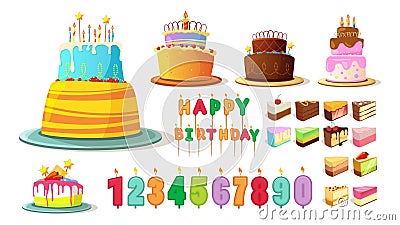 Birthday cake. Happy anniversary party cakes, bakery icons. Cartoon cream sweets, delicious baked. Numbers and letters Vector Illustration