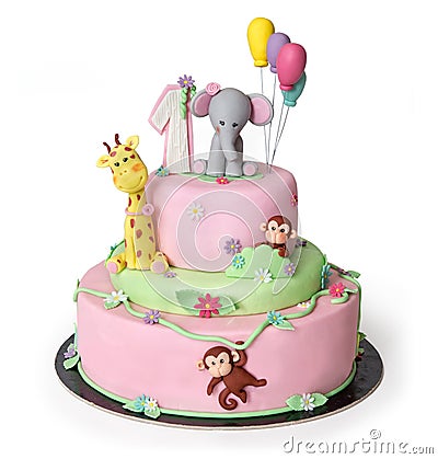 Birthday cake with jungle animals: elephant, giraffe and monkey Stock Photo