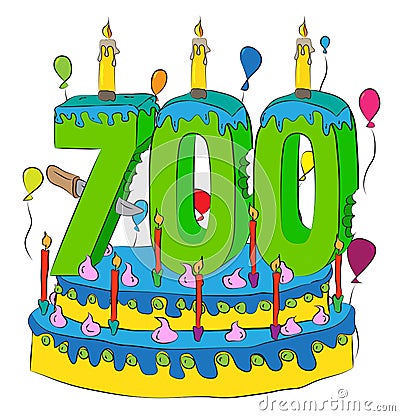 700 Birthday Cake With Number Seven Hundred Candle, Celebrating Seven Hundredth Year of Life, Colorful Balloons and Chocolate Coat Vector Illustration