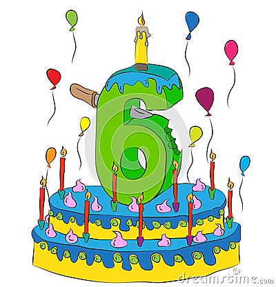 Birthday Cake With Number Six Candle, Celebrating Sixth Year of Life, Colorful Balloons and Chocolate Coating Vector Illustration