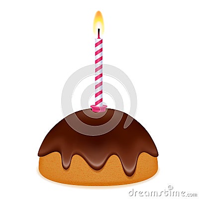 Birthday cake with pink candle and decorations. Vector Illustration