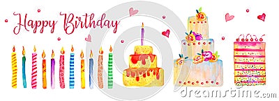 Birthday cakes and candles set. Stylized watercolor hand drawn cartoon illustration elements Cartoon Illustration