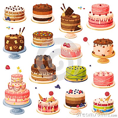 Birthday cakes collection. Tasty festive desserts cartoon vector illustration Vector Illustration