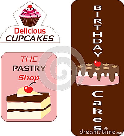 Birthday Cakes, Cupcakes and Pastry Logos Vector Illustration