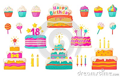 Birthday cakes. Party celebration cupcake with candles and invitation, colorful and chocolate flat cakes. Vector set Vector Illustration