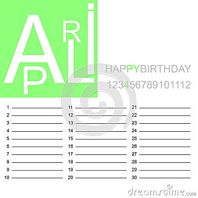 Birthday calendar april Vector Illustration