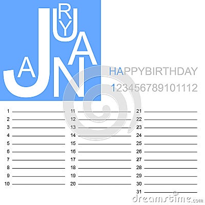 Birthday calendar january Vector Illustration