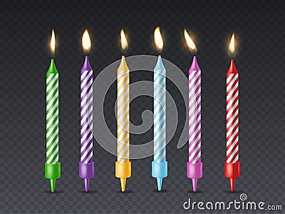 Birthday candle. Candlelight birthday party cake wax burning candle with flicker fire for holiday cakes isolated set Vector Illustration