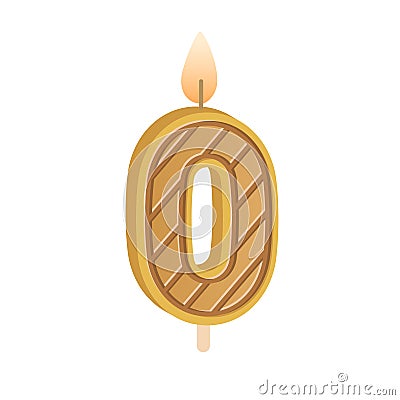 Birthday candle of 0 number shape for birth of newborn. Glowing flame of figure null wax candlelight with stick and fire Vector Illustration