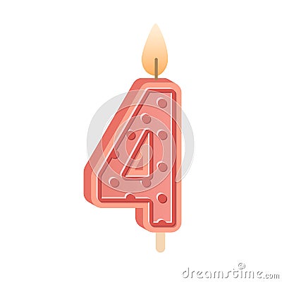 Birthday candle of number 4 shape for 4th anniversary. Wax figure with candlelight with flame for holiday cake for Vector Illustration