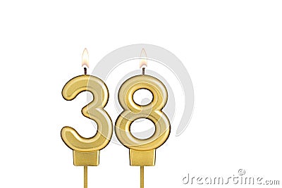 Birthday candle number 38 on white background Stock Photo