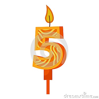 Birthday candles with numbers five and fire. Colored icon for anniversary or party celebration. Holiday candlelight with wax and Vector Illustration