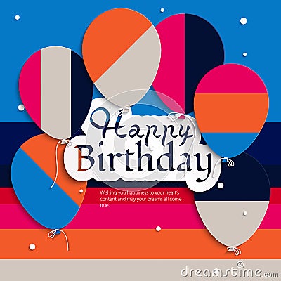 Birthday card with balloons, and birthday text. Vector Illustration