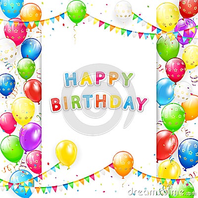 Birthday card with balloons and pennants on white background Vector Illustration