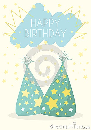 Birthday card for a boy or a girl. Festive hats with stars. Vertical greeting card for children. Vector illustration in a flat sty Vector Illustration