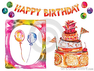 Birthday Card with cake, cheerful decorative garland, colored Wish card, vector watercolor decoration with frame Vector Illustration