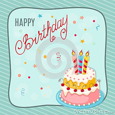 Birthday card with cake, cherries, three candles into frame Vector Illustration