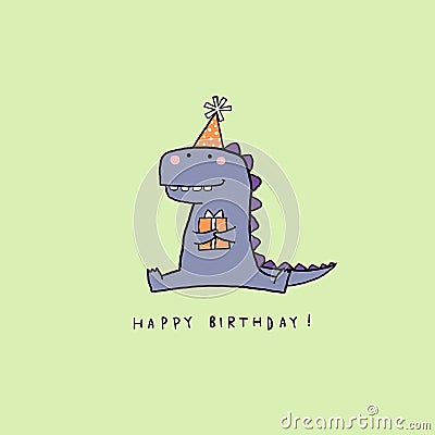 Birthday card with cartoon little cute dinosaur holding the gift box. Vector illustration for poster or print Vector Illustration