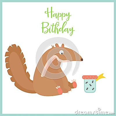 Birthday card with cute anteater and the present Vector Illustration