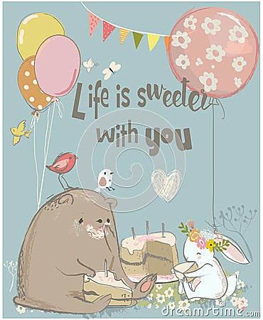 Birthday card with cute bear and hare Vector Illustration