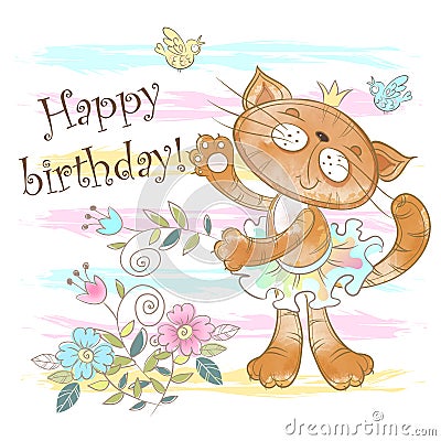 Birthday card with a cute cat ballerina. Vector. Watercolor. Vector Illustration