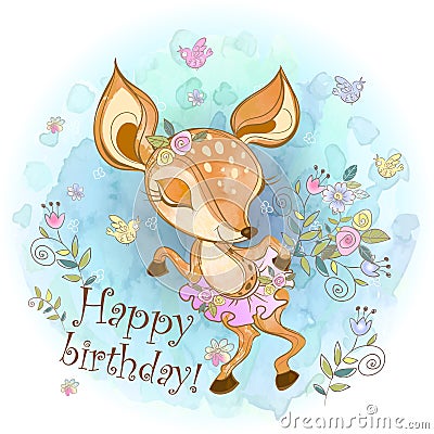 Birthday card with a cute fawn in a skirt. Vector Vector Illustration