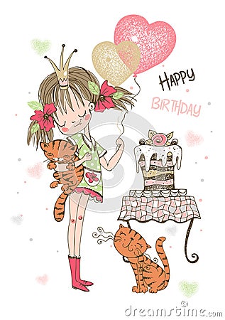 Birthday card with cute girl with cake and balloons. Vector. Vector Illustration