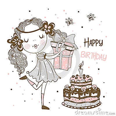 Birthday card with cute girl with gifts and birthday cake. Vector Stock Photo