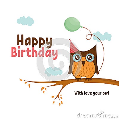 Birthday card with cute owl Vector Illustration